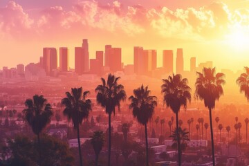 Wall Mural - Palm trees and buildings in Los Angeles at sunset