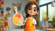 A lively cartoon girl with a vibrant paint palette clutched in one hand, wearing a cheery bright orange apron, is depicted in this delightful 3D headshot illustration. This creative and whim