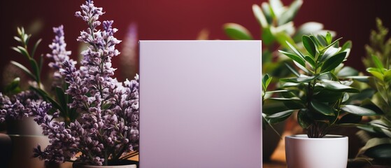 Wall Mural - Mockup white blank paper on purple background with flowers. Empty frame with flowers on the side.