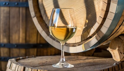 Wall Mural - close up of white port wine in wineglass in front of oak barrel