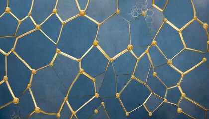 Canvas Print - geometric abstraction of hexagons on a blue relief background with gold elements fresco for interior printing wallpapers