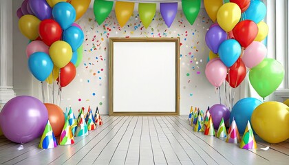 Wall Mural - bright birthday party atmosphere with a blank frame at the center stage amidst colorful balloons and party hats