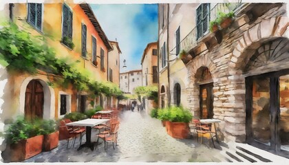 cafe in the old town of italy vertical watercolor painting printable wall art 