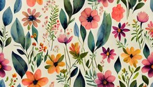 Watercolor Floral Seamless Pattern In Cute Childish Style Colored Garden Background Hand Painting Print With Abstract Flowers Leaves And Plants Design Texture
