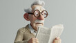 A charming and wise cartoon elderly man, wearing a cream cardigan, is engrossed in his newspaper in this delightful 3D headshot illustration. Perfect for portraying nostalgia, wisdom, and a