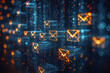 Array of illuminated email symbols in a digital space