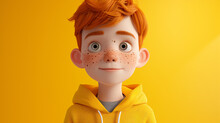 A Lively And Adorable Cartoon Boy With A Sprinkle Of Freckles Wears A Vibrant Yellow Hoodie In This Charming 3D Headshot Illustration. With A Joyful Expression And Exaggerated Features, He C