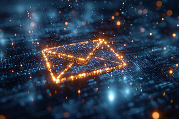 Close-up of a bright digital email icon on dark backdrop