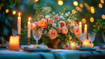 Poster - Beautiful flowers decorated on the table.Tables set for an event party or wedding reception. luxury elegant table setting dinner in a restaurant. glasses and dishes. Fancy moment fancy time.
