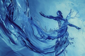 Canvas Print - illustration of a cyborg running with splashes, human body made of water with arms open to the side
