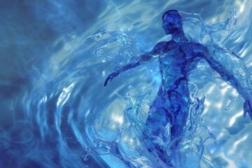 Canvas Print - illustration of a cyborg running with splashes, human body made of water with arms open to the side
