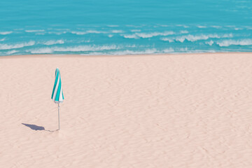 Sticker - 3d rendering of a closed striped beach umbrella standing alone on a textured sandy shore with the serene blue ocean and waves in the background. Summer relaxation concept.