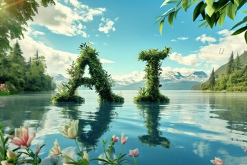 Wall Mural - 3d AI text on the river with green leaves