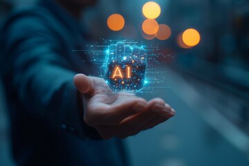 Close up man open hand holding AI brain.Artificial Intelligence or AI analysis information.Technology and science ,machine learning system.Hi-tech and futuristic world.Digital concept background.