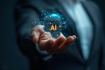 Close up man open hand holding AI brain.Artificial Intelligence or AI analysis information.Technology and science ,machine learning system.Hi-tech and futuristic world.Digital concept background.
