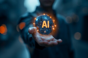 Close up man open hand holding AI brain.Artificial Intelligence or AI analysis information.Technology and science ,machine learning system.Hi-tech and futuristic world.Digital concept background.