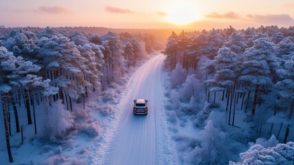 Canvas Print - Car drives through snow forest landscape at sunset