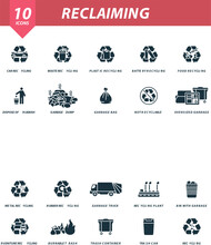 Reclaiming Icons Set. Creative Icons: Car Recycling, Waste Recycling, Plastic Recycling, Battery Recycling, Food Recycling, Dispose Of Rubbish, Garbage Dump, Garbage Bag, Not Recyclable, Oversized