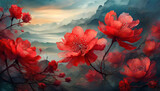 Fototapeta Kwiaty - Abstrakcyjne czerwone kwiaty, tapeta, dekoracja. Generative AI