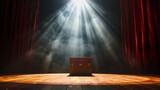 Fototapeta  - A theatrical box opening on a brightly lit stage, with a spotlight highlighting the moment of surprise and revelation, setting the scene for a dramatic and suspenseful theatrical performance Cr