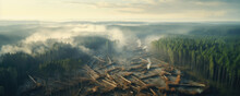 Deforestation Or Forest Cutting Top View. Aerial View Of Cut Forest.copy Space For Text.