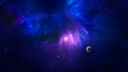 Wall Mural - space background. planet in colorful fractal blue and violet nebula. elements furnished by nasa. 3d 