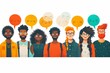 A diverse and colorful group illustration representing a social team of different backgrounds and nationalities on a white background.