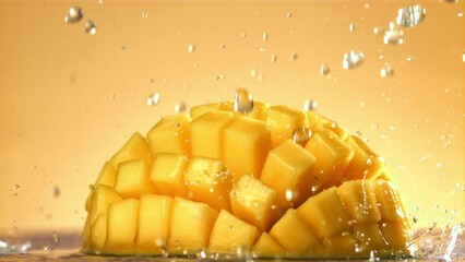 Poster - Raindrops fall on fresh mango. Filmed on a high-speed camera at 1000 fps. High quality FullHD footage