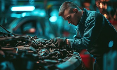 Wall Mural - Young car mechanic is working on his car in the garage, intently checking its cables and engine.