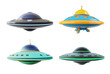3d illustration of UFO flying saucer animation. Collection of aliens and UFOs isolated on transparent background.