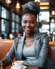 Wall Mural - Beautiful black woman at a table in a cafe. Smiling. White teeth.