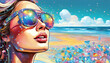 Fantasievolles abstraktes Porträt einer schönen Frau am Strand. Marketing für Urlaub am Meer. Buntes, digitales Kunstwerk. 