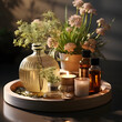 A small table with several reed diffusers