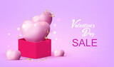 Fototapeta Kuchnia - Happy Valentine's Day holiday sale banner vector. Greeting love card on violet background with 3d balloon hearts, gift box and confetti. 14 February discount illustration.