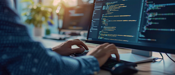 a focused programmer codes on a computer, his hands and the screen aglow with lines of code, symboli