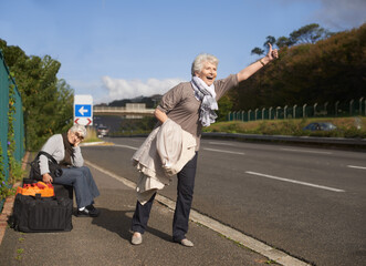 Sticker - Travel, highway and senior friends hitchhiking together for adventure, escape or journey in retirement. Road, smile or happy and hand gesture with elderly women on sidewalk for holiday or vacation