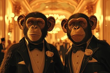 Wall Mural - Chimpanzee ape monkey Animals Presidential Ballroom Dance Extravaganza adorned in elegant attire, engage in a formal dance, celebrating with style and grace, cartoon