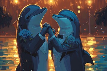 Wall Mural - Dolphin Animals Presidential Ballroom Dance Extravaganza adorned in elegant attire, engage in a formal dance, celebrating with style and grace, cartoon