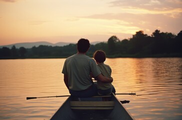 As the sun sets over the tranquil lake, a man and child bond while paddling their boat, surrounded by the vast sky and gentle clouds, fully immersed in the peacefulness of outdoor recreation