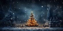 Christmas Tree In Snowy Forest At Night