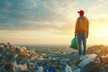 Poster - a man in yellow jacket and red cap holding a bag, who is tired of fighting with the consumer society, standing on top of a garbage hill and looking at hill of garbage with small tree 