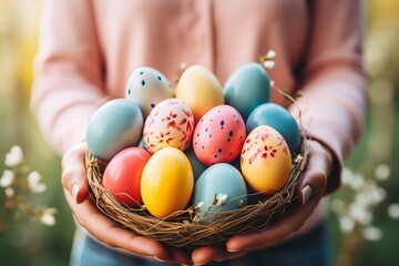 Child holding basket with colorful easter eggs, ideal for custom text and easter designs