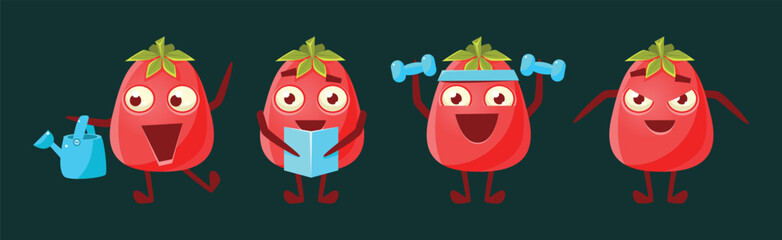 Sticker - Funny Red Tomato Character Engaged in Different Activity Vector Set