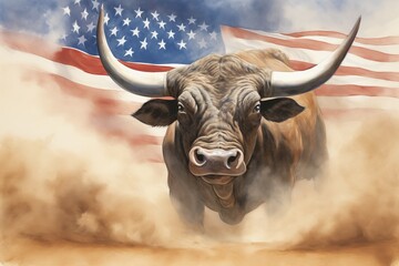 Wall Mural - A large bull against the background of the American flag as a symbol of the state of Texas. Revolution or bullfight concept