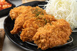Harekatsu, pork cutlet, shrimp cutlet, kimchi fried rice, kimchi, cheese katsu, udon, roskatsu, fish cutlet, side dish, sauce, cabbage