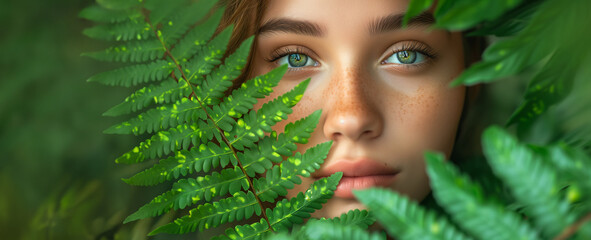 Wall Mural - Close-up portrait of a woman amidst green fern leaves. Banner with copy space on a light background. Skincare and natural beauty concept. Design for banner, poster, cosmetic advertising