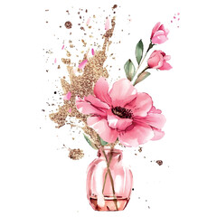 Sticker - pink flower in a vase, champagne, animation printed poster, in the glamour style, golden glitter watercolor illustration