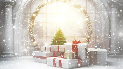 Wall Mural - Festive Christmas Decor: Background with Gift Boxes, Ornaments, Snowflakes, and Golden Lights, Holiday Season Celebration