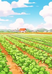 Wall Mural - Summer Farm Fields. Children's book illustration in cartoon style.