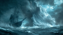 Ship Battling Massive Wave In Rough Ocean
